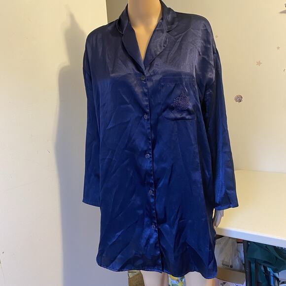 Vintage Victorias Secret Robe Women S Oversized Satin Blue Button Up Lightweight - Picture 7 of 10